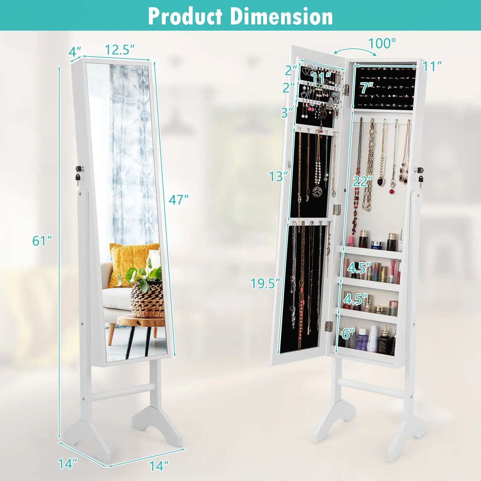 Standing Jewelry Cabinet Jewelry Armoire Cabinet with Full-White