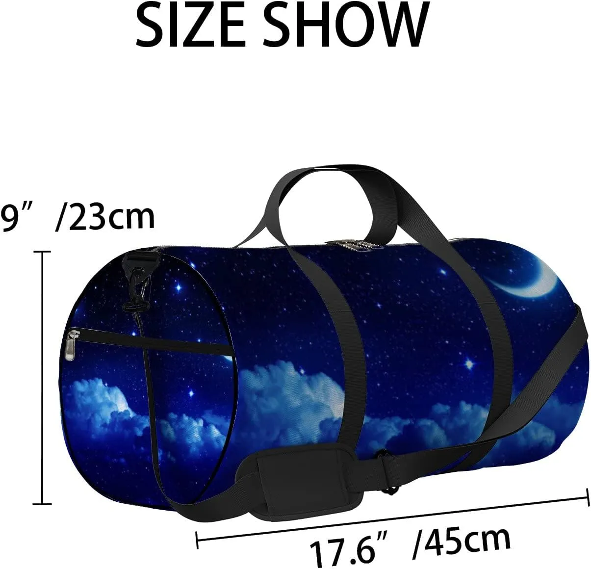 Starry Sky Half Moon Scenic Cloudscape Sports Bag Tote Bag Waterproof Gym Bag with Shoulder Strap Zipper 2 Side Pockets for Men and Women, Travel and Storage Shoulder Bag.