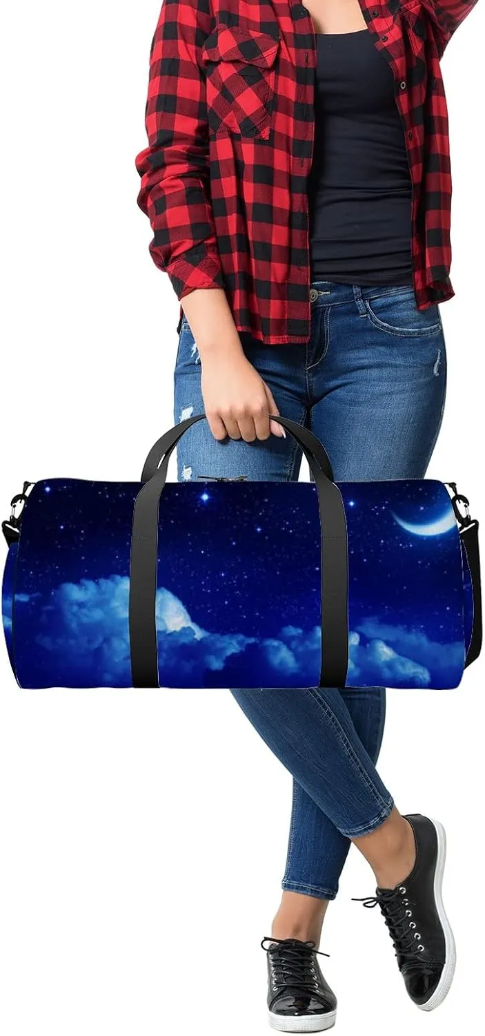 Starry Sky Half Moon Scenic Cloudscape Sports Bag Tote Bag Waterproof Gym Bag with Shoulder Strap Zipper 2 Side Pockets for Men and Women, Travel and Storage Shoulder Bag.