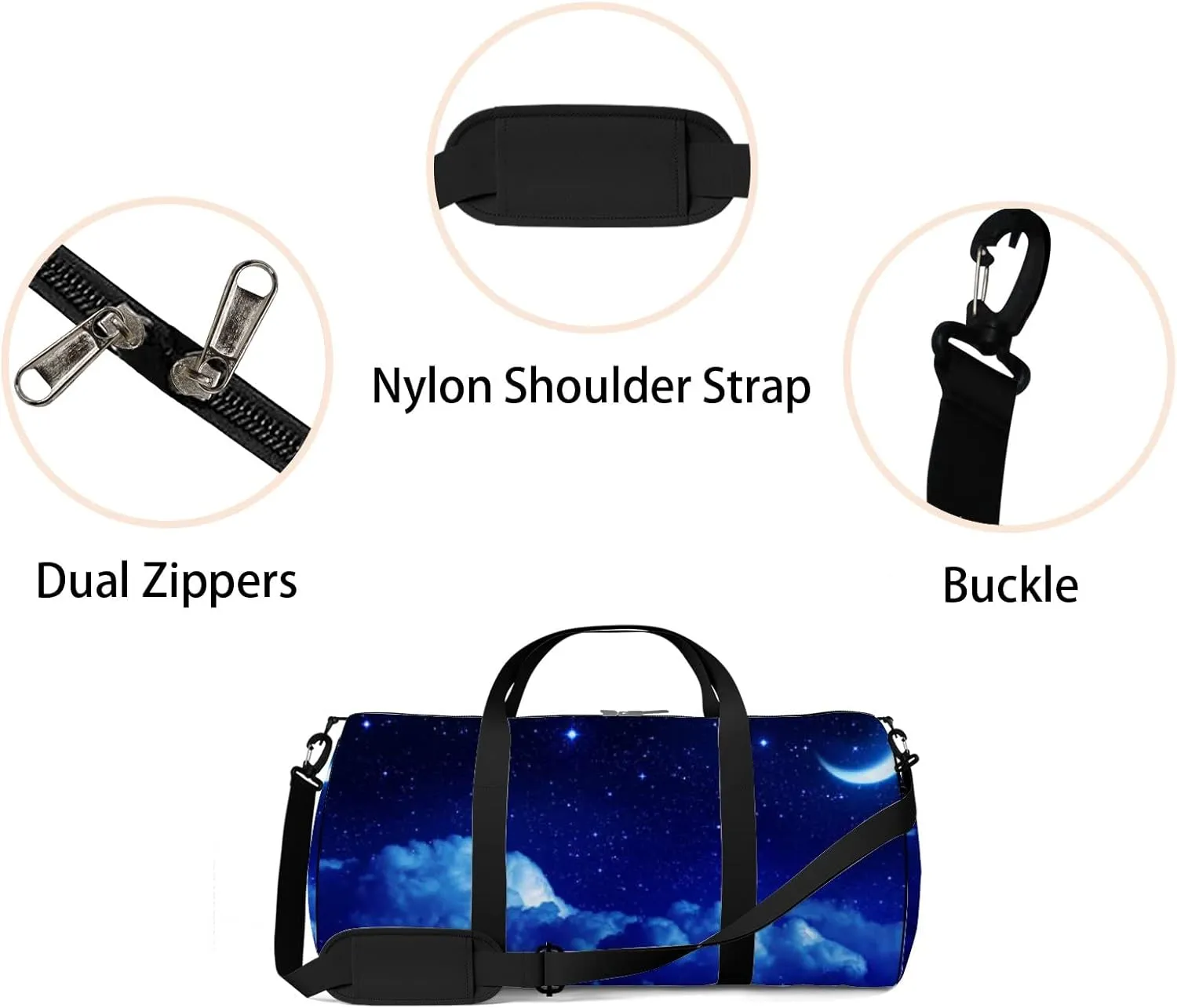 Starry Sky Half Moon Scenic Cloudscape Sports Bag Tote Bag Waterproof Gym Bag with Shoulder Strap Zipper 2 Side Pockets for Men and Women, Travel and Storage Shoulder Bag.