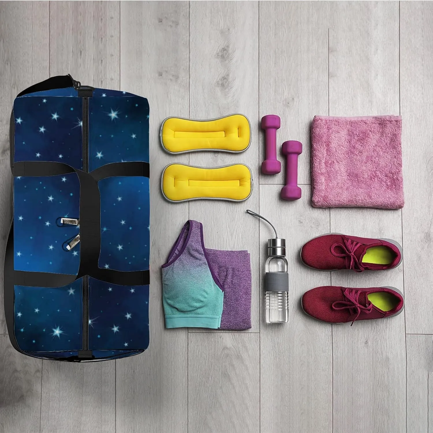 Stars and Moon In The Night Sky Sports Bag Tote Bag Waterproof Gym Bag with Shoulder Strap Zipper 2 Side Pockets for Men and Women, Travel and Storage Shoulder Bag.