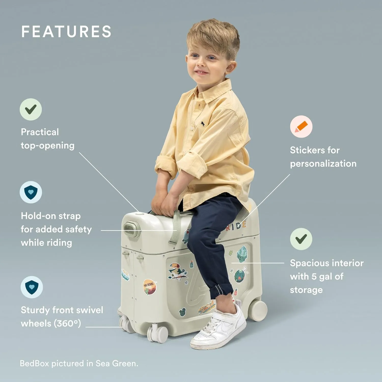 Stokke JetKids BedBox, Arctic Blue - Ride-On Suitcase for Kids 2-7 Years Old (up to 77 lbs) - Transforms Into Bed - Includes Mattress, Decorative Stickers & Adjustable Carrying Strap