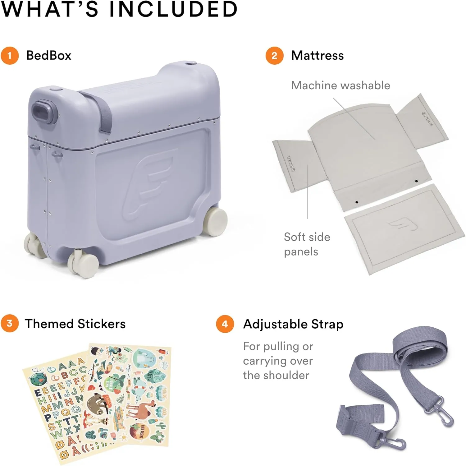 Stokke JetKids BedBox, Arctic Blue - Ride-On Suitcase for Kids 2-7 Years Old (up to 77 lbs) - Transforms Into Bed - Includes Mattress, Decorative Stickers & Adjustable Carrying Strap