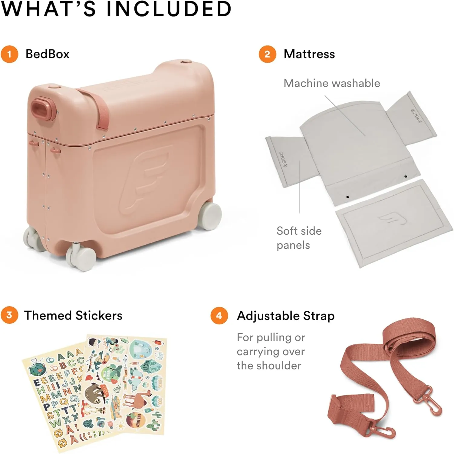 Stokke JetKids BedBox, Coral Pink - Ride-On Suitcase for Kids 2-7 Years Old (up to 77 lbs) - Transforms Into Bed - Includes Mattress, Decorative Stickers & Adjustable Carrying Strap