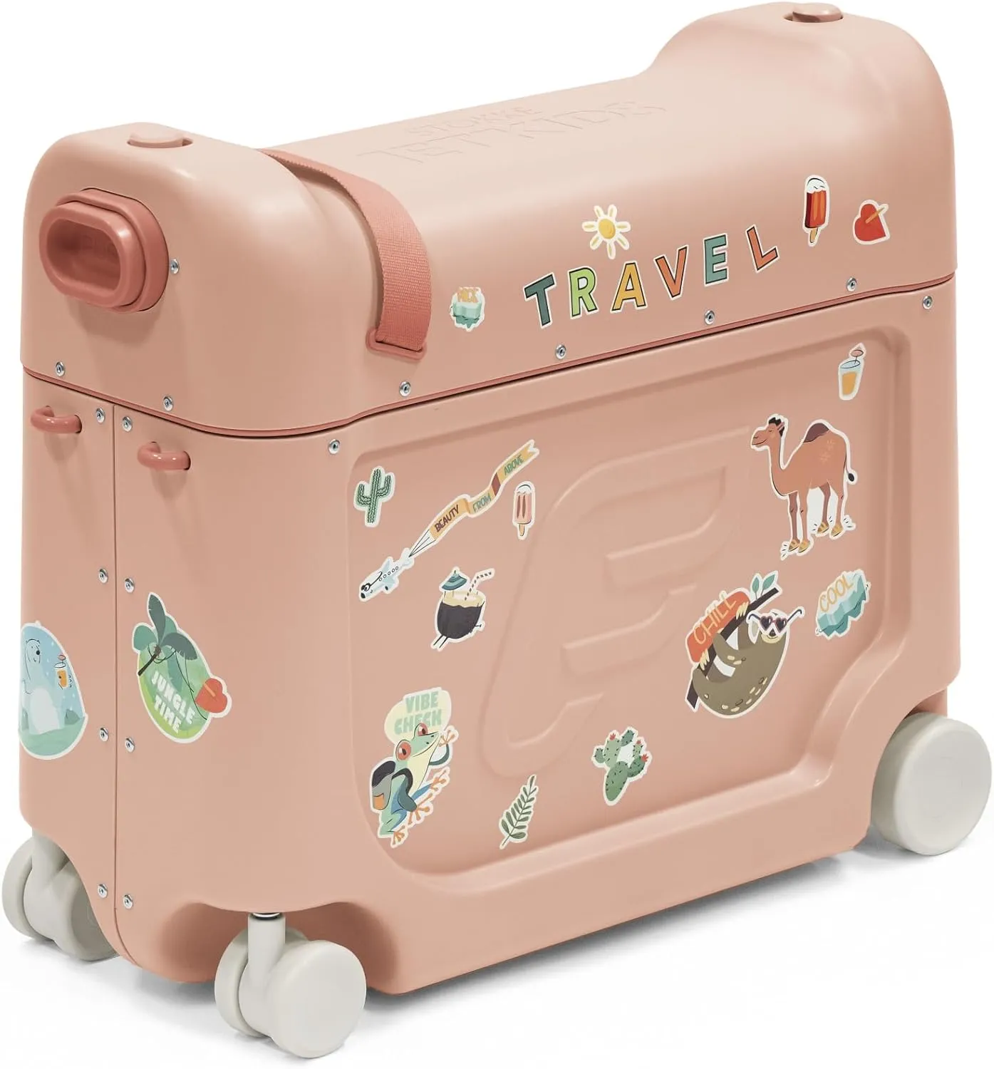 Stokke JetKids BedBox, Coral Pink - Ride-On Suitcase for Kids 2-7 Years Old (up to 77 lbs) - Transforms Into Bed - Includes Mattress, Decorative Stickers & Adjustable Carrying Strap
