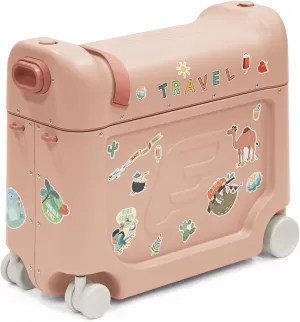 Stokke JetKids BedBox, Coral Pink - Ride-On Suitcase for Kids 2-7 Years Old (up to 77 lbs) - Transforms Into Bed - Includes Mattress, Decorative Stickers & Adjustable Carrying Strap