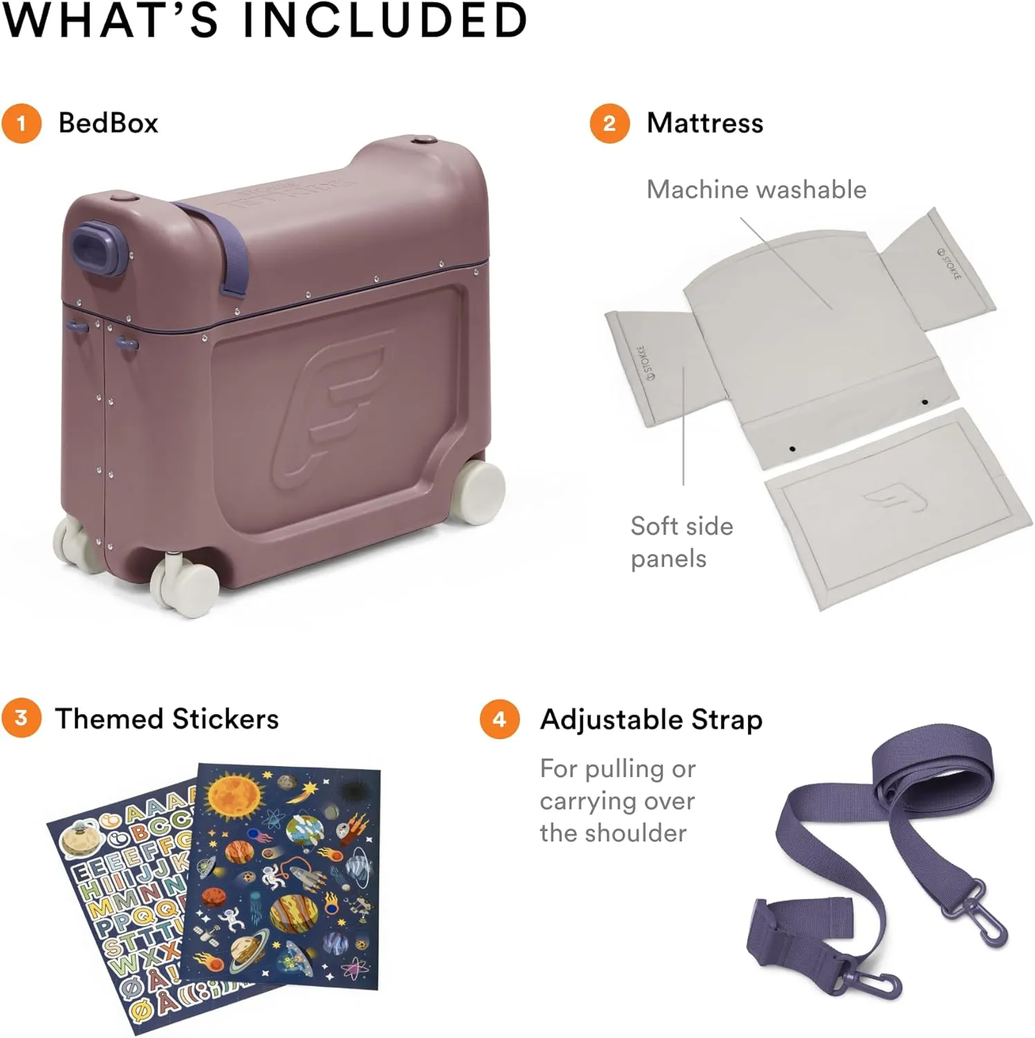 Stokke JetKids BedBox, Hazy Lilac - Ride-On Suitcase for Kids 2-7 Years Old (up to 77 lbs) - Transforms Into Bed - Includes Mattress, Decorative Stickers & Adjustable Carrying Strap