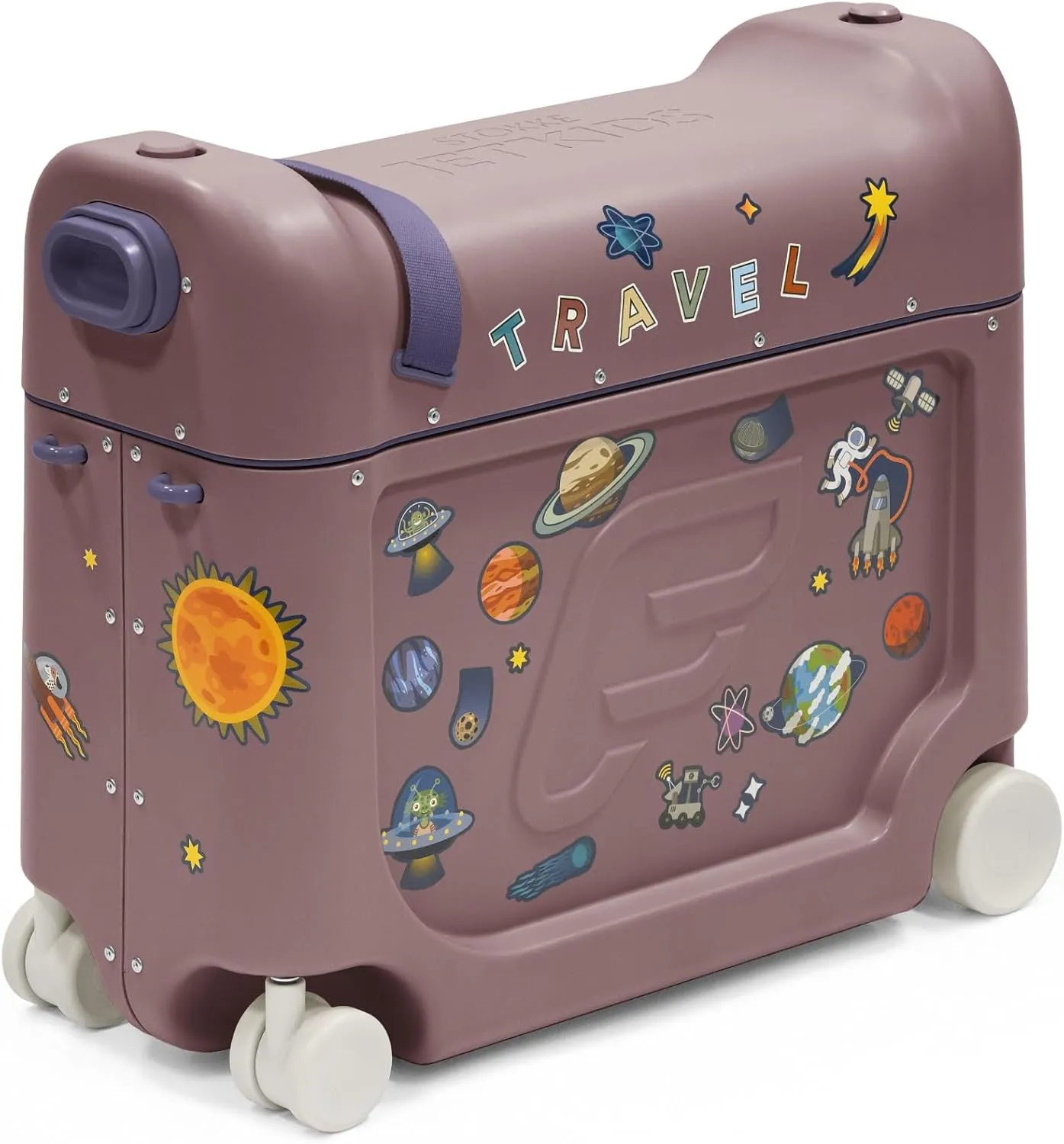 Stokke JetKids BedBox, Hazy Lilac - Ride-On Suitcase for Kids 2-7 Years Old (up to 77 lbs) - Transforms Into Bed - Includes Mattress, Decorative Stickers & Adjustable Carrying Strap