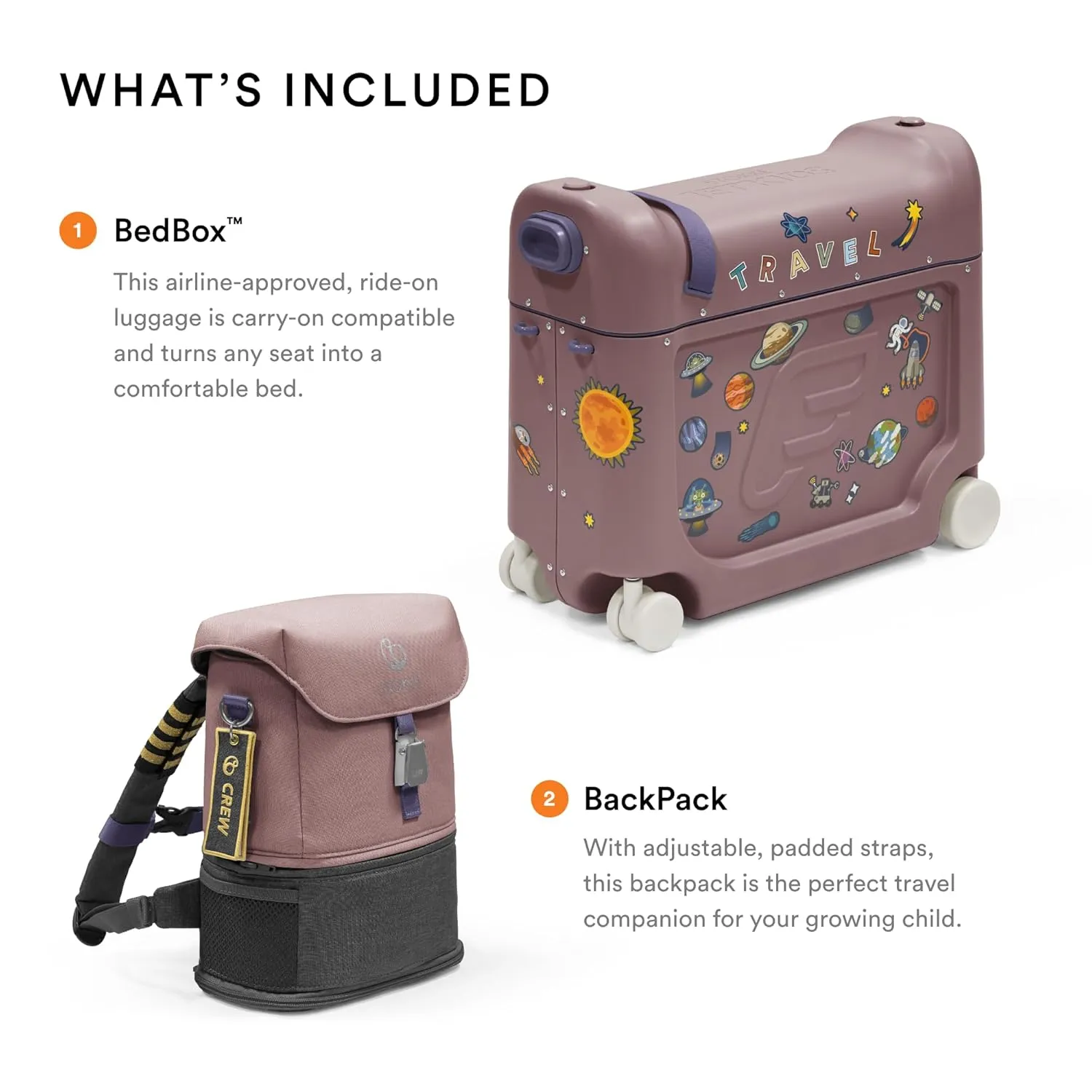 Stokke JetKids Travel Bundle, Hazy Lilac - Includes BedBox Ride-On Suitcase & Backpack - Best for Kids 2-7 Years Old (Up to 77 lbs)