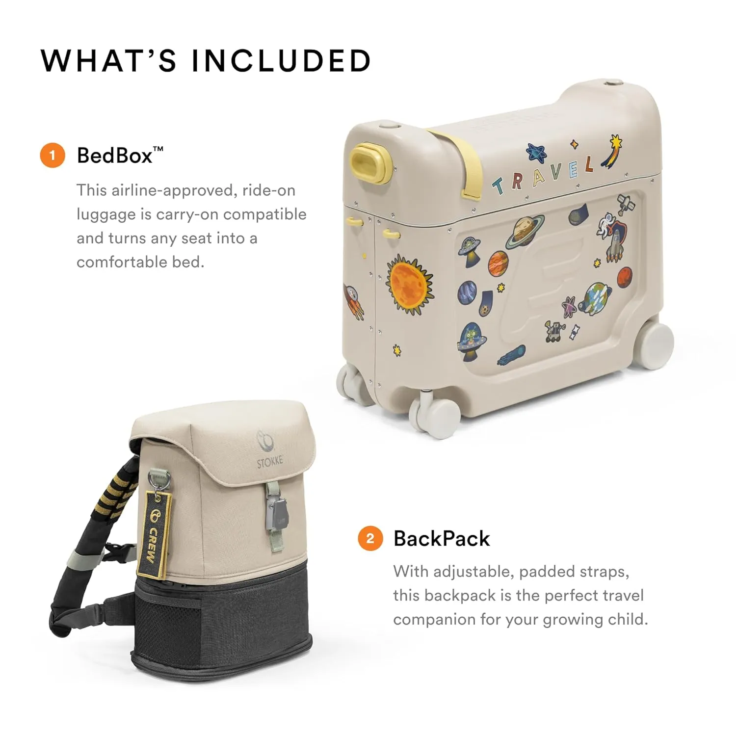 Stokke JetKids Travel Bundle, Moonglow White - Includes BedBox Ride-On Suitcase & Backpack - Best for Kids 2-7 Years Old (Up to 77 lbs)