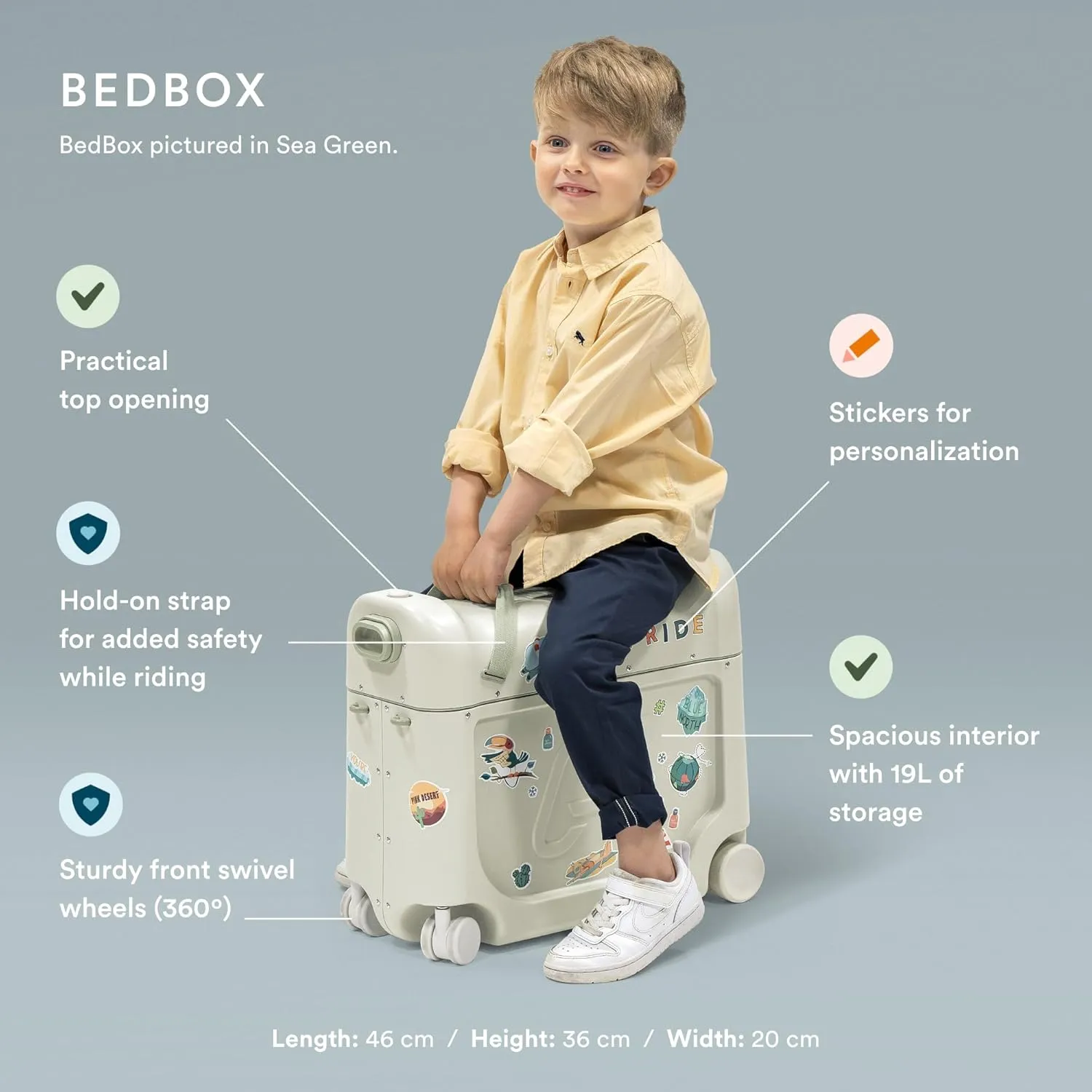 Stokke JetKids Travel Bundle, Moonglow White - Includes BedBox Ride-On Suitcase & Backpack - Best for Kids 2-7 Years Old (Up to 77 lbs)