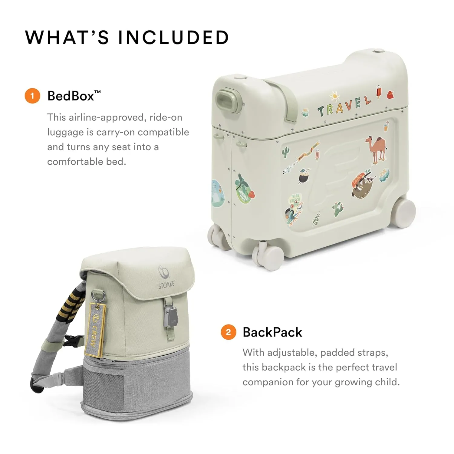 Stokke JetKids Travel Bundle, Sea Green - Includes BedBox Ride-On Suitcase & Backpack - Best for Kids 2-7 Years Old (Up to 77 lbs)