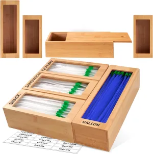 Storage Bag Organizer, Bamboo Baggie Organizer for Drawer, 4 Modular Boxes with Labels, Plastic Bag Storage Organizer, Quick Refill By Woodenhouse