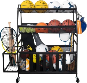 STORAGE MANIAC Ball Storage Bin Rolling Sports Ball Cart, Metal Garage Organizer Sport Rack Basketball Storage Cage for Garage or Gym, Indoor & Outdoor Sports Equipment Organizer