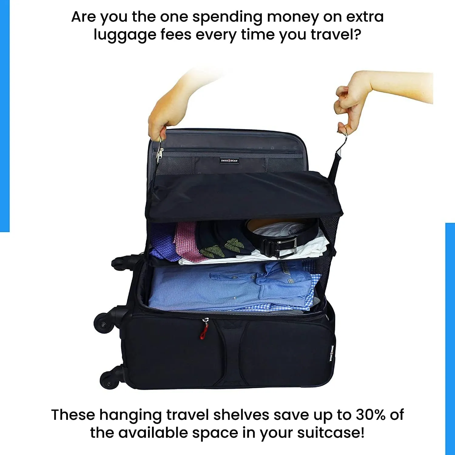 Stow-N-Go Portable Hanging Travel Shelves, Packing Organizer for Luggage. Carry on Closet for Clothes. Expandable Packing Cube. Travel Essentials. (Black - XL, XL = (L) 17.7" x (W) 11.8")