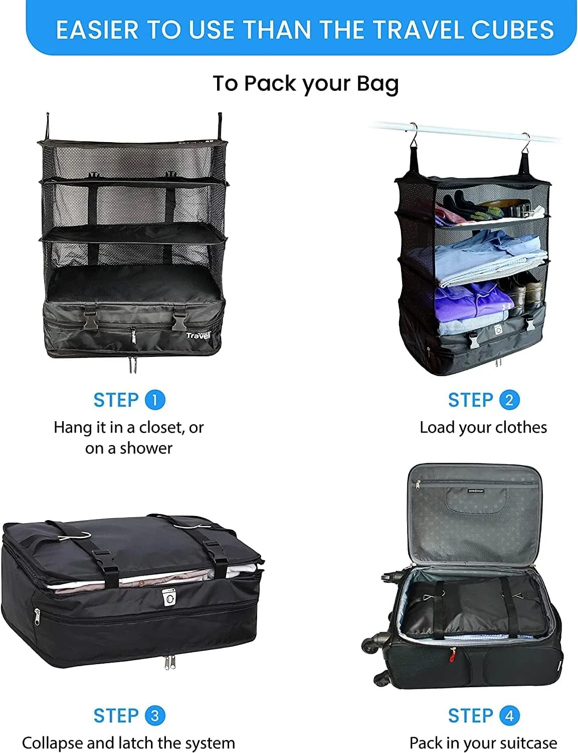 Stow-N-Go Portable Hanging Travel Shelves, Packing Organizer for Luggage. Carry on Closet for Clothes. Expandable Packing Cube. Travel Essentials. (Black - XL, XL = (L) 17.7" x (W) 11.8")