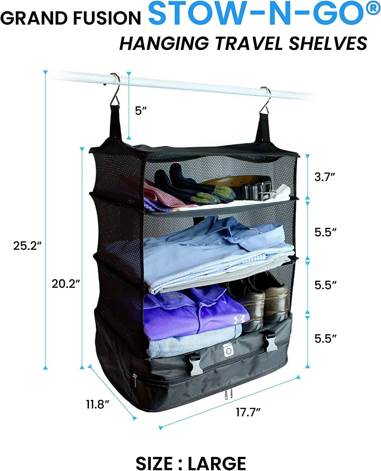Stow-N-Go Portable Hanging Travel Shelves, Packing Organizer for Luggage. Carry on Closet for Clothes. Expandable Packing Cube. Travel Essentials. (Black - XL, XL = (L) 17.7" x (W) 11.8")