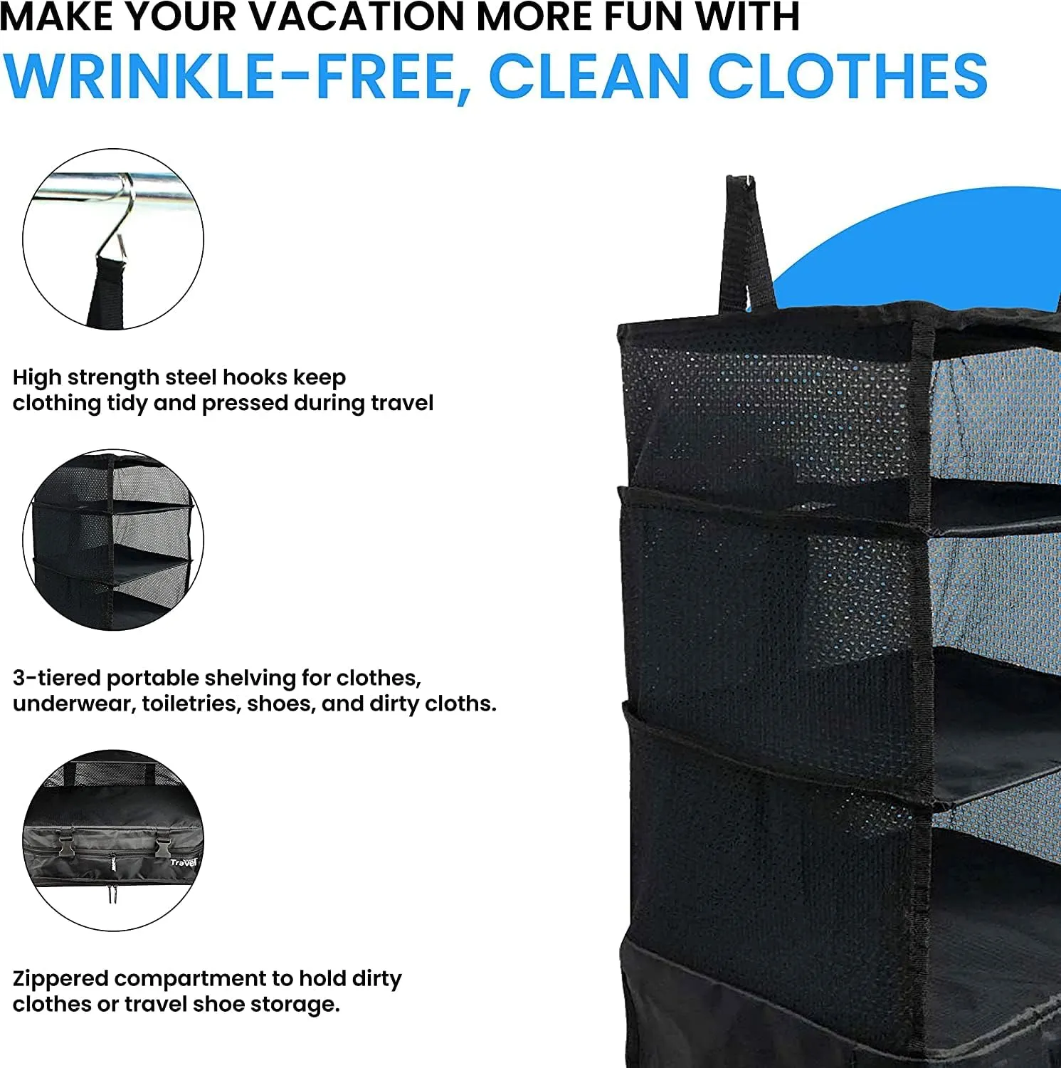 Stow-N-Go Portable Hanging Travel Shelves, Packing Organizer for Luggage. Carry on Closet for Clothes. Expandable Packing Cube. Travel Essentials. (Black - XL, XL = (L) 17.7" x (W) 11.8")