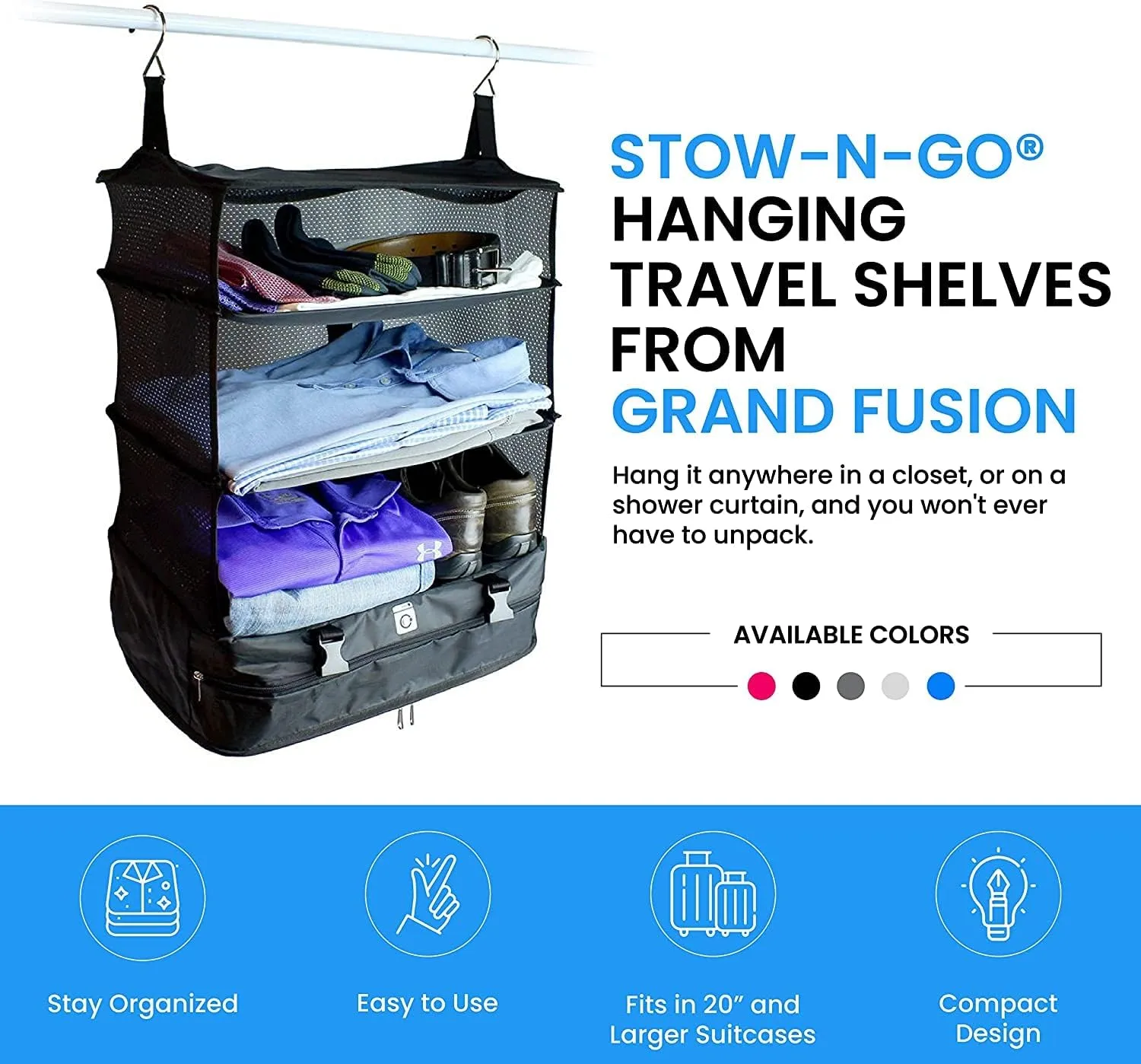 Stow-N-Go Portable Hanging Travel Shelves, Packing Organizer for Luggage. Carry on Closet for Clothes. Expandable Packing Cube. Travel Essentials. (Black - XL, XL = (L) 17.7" x (W) 11.8")