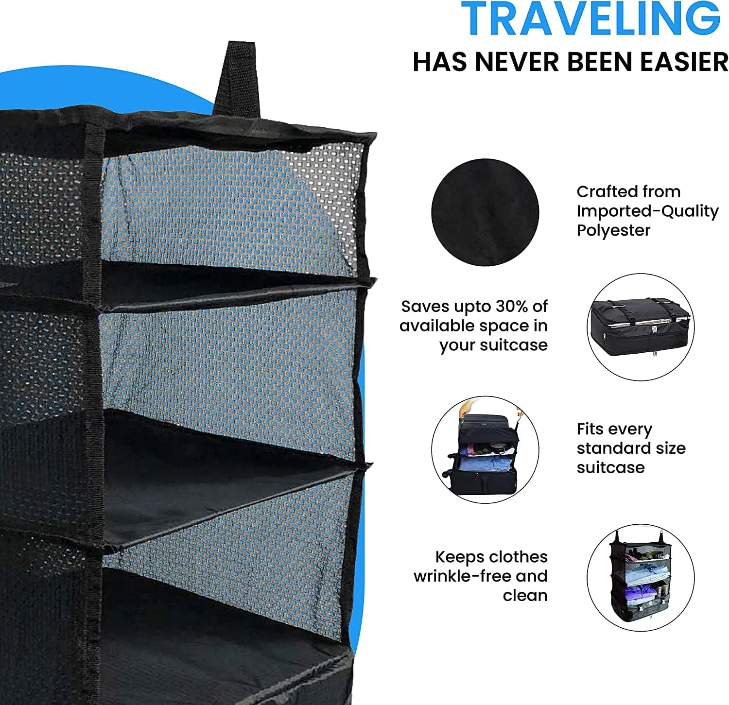 Stow-N-Go Portable Hanging Travel Shelves, Packing Organizer for Luggage. Carry on Closet for Clothes. Expandable Packing Cube. Travel Essentials. (Black - XL, XL = (L) 17.7" x (W) 11.8")