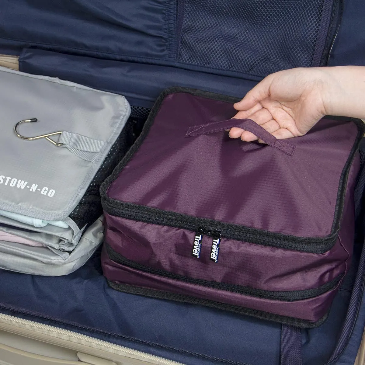 Stow-N-Go Portable Hanging Travel Shelves, Packing Organizer for Luggage. Carry on Closet for Clothes. Expandable Packing Cube. Travel Essentials. (Burgundy - L, L = (L) 11.8" x (W) 11.8")