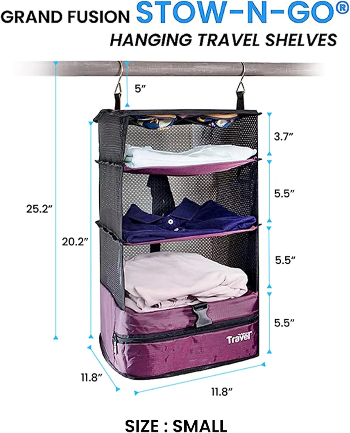 Stow-N-Go Portable Hanging Travel Shelves, Packing Organizer for Luggage. Carry on Closet for Clothes. Expandable Packing Cube. Travel Essentials. (Burgundy - L, L = (L) 11.8" x (W) 11.8")