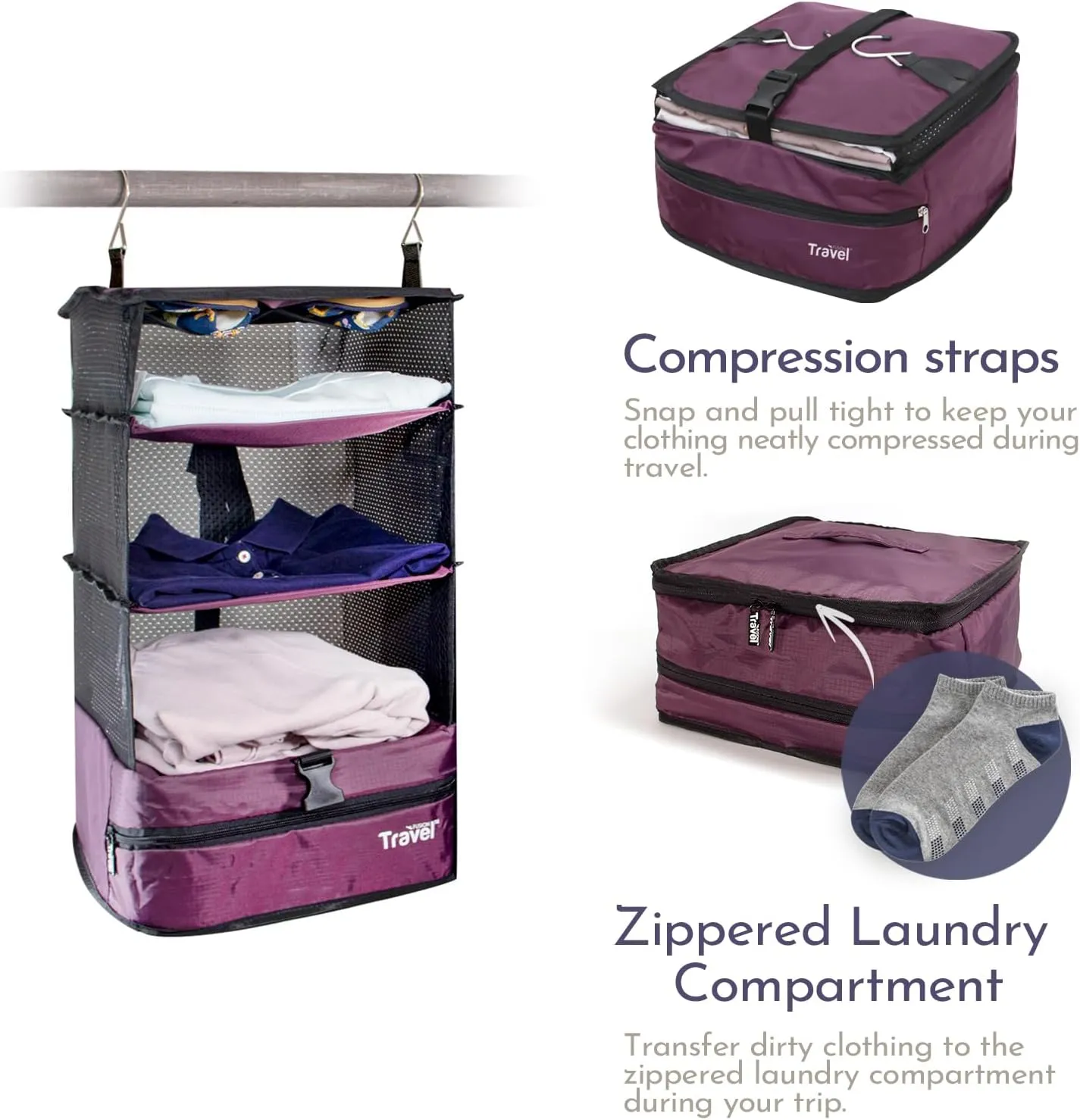 Stow-N-Go Portable Hanging Travel Shelves, Packing Organizer for Luggage. Carry on Closet for Clothes. Expandable Packing Cube. Travel Essentials. (Burgundy - L, L = (L) 11.8" x (W) 11.8")