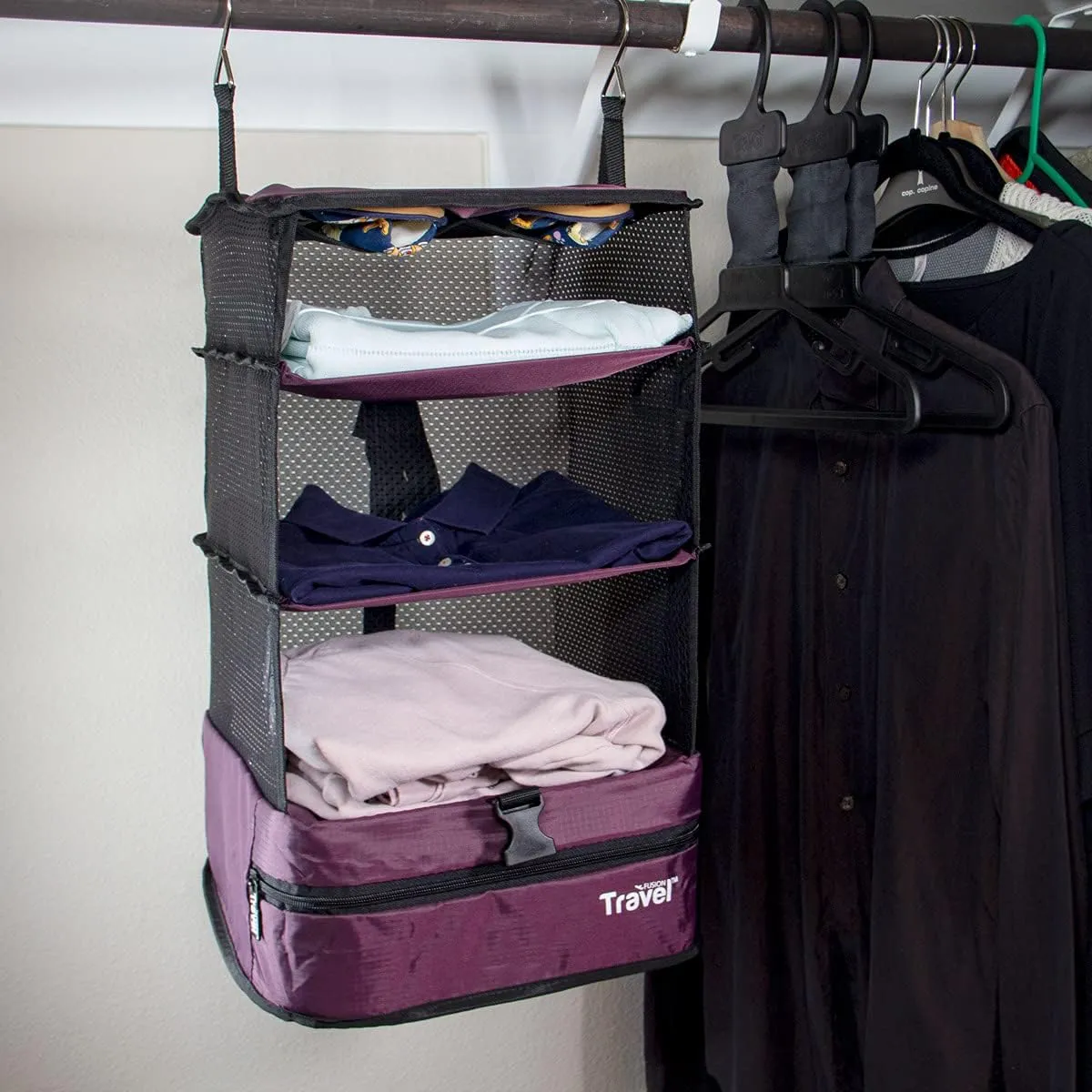 Stow-N-Go Portable Hanging Travel Shelves, Packing Organizer for Luggage. Carry on Closet for Clothes. Expandable Packing Cube. Travel Essentials. (Burgundy - L, L = (L) 11.8" x (W) 11.8")