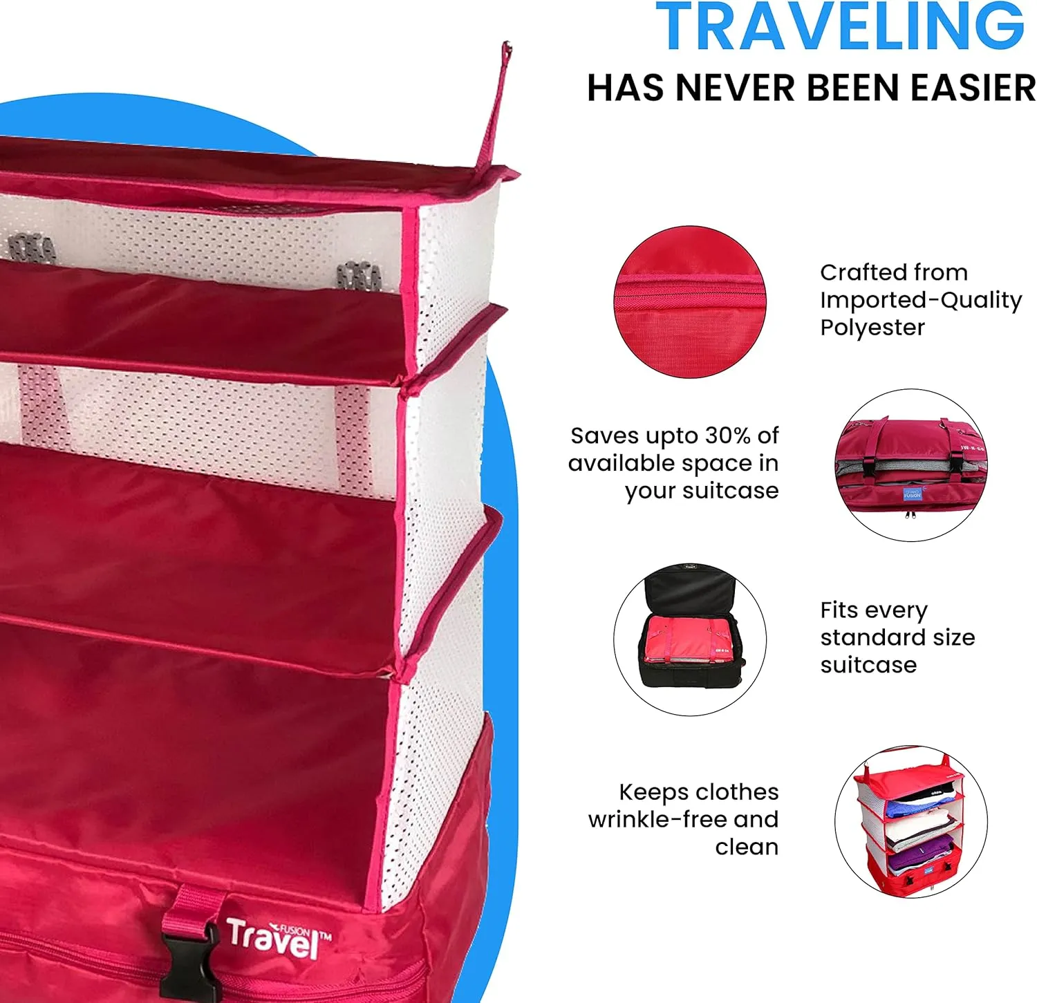 Stow-N-Go Portable Hanging Travel Shelves, Packing Organizer for Luggage. Carry on Closet for Clothes. Expandable Packing Cube. Travel Essentials. (Pink - XL, XL = (L) 17.7" x (W) 11.8")