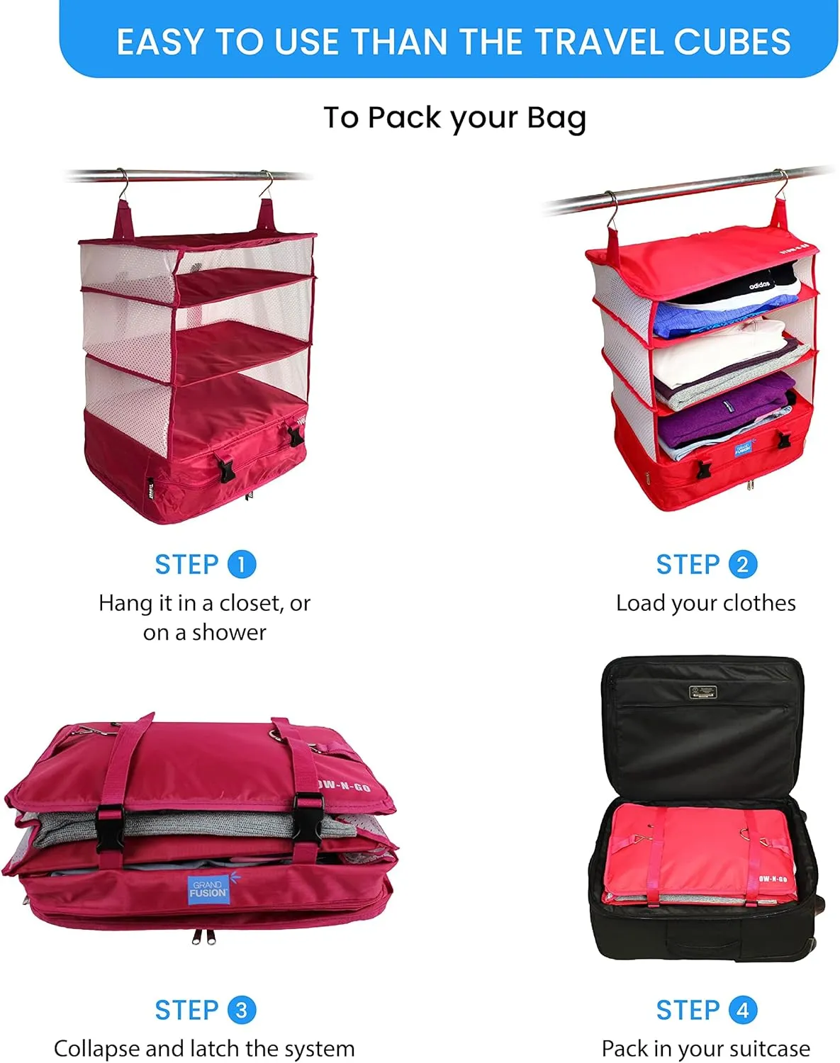 Stow-N-Go Portable Hanging Travel Shelves, Packing Organizer for Luggage. Carry on Closet for Clothes. Expandable Packing Cube. Travel Essentials. (Pink - XL, XL = (L) 17.7" x (W) 11.8")