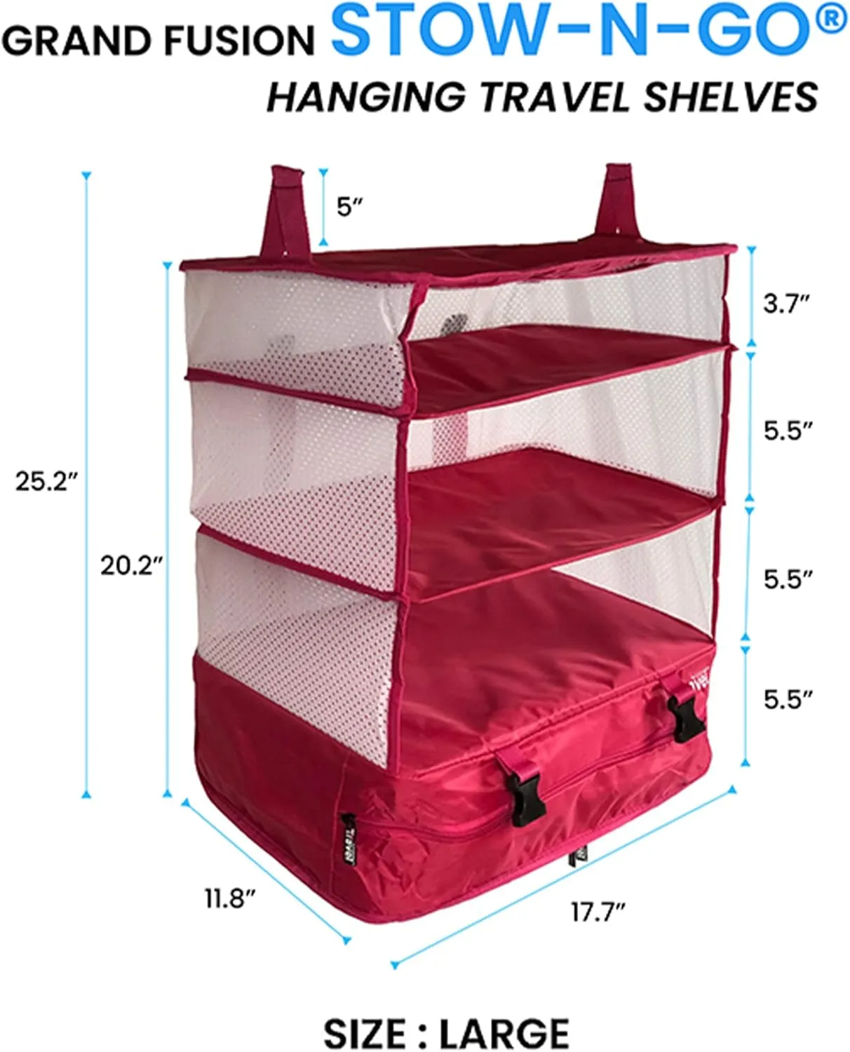 Stow-N-Go Portable Hanging Travel Shelves, Packing Organizer for Luggage. Carry on Closet for Clothes. Expandable Packing Cube. Travel Essentials. (Pink - XL, XL = (L) 17.7" x (W) 11.8")