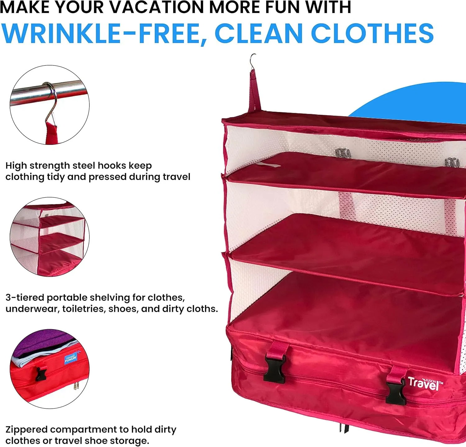Stow-N-Go Portable Hanging Travel Shelves, Packing Organizer for Luggage. Carry on Closet for Clothes. Expandable Packing Cube. Travel Essentials. (Pink - XL, XL = (L) 17.7" x (W) 11.8")