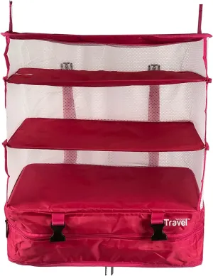 Stow-N-Go Portable Hanging Travel Shelves, Packing Organizer for Luggage. Carry on Closet for Clothes. Expandable Packing Cube. Travel Essentials. (Pink - XL, XL = (L) 17.7" x (W) 11.8")