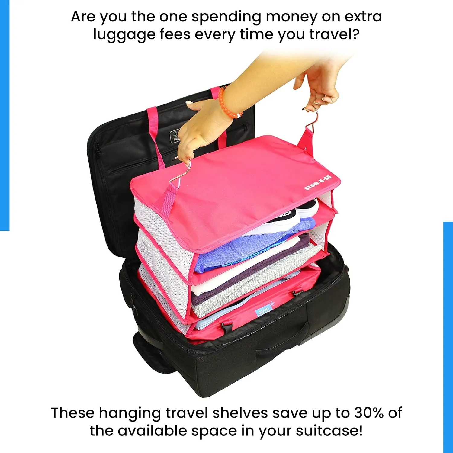 Stow-N-Go Portable Hanging Travel Shelves, Packing Organizer for Luggage. Carry on Closet for Clothes. Expandable Packing Cube. Travel Essentials. (Pink - XL, XL = (L) 17.7" x (W) 11.8")