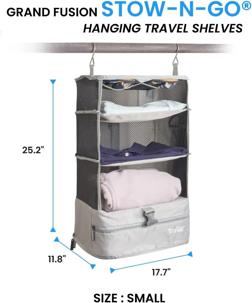 Stow-N-Go Portable Hanging Travel Shelves, Packing Organizer for Luggage. Carry on Closet with Hanger for Clothes. Expandable Packing Cube. Travel Essentials, Light Gray - L