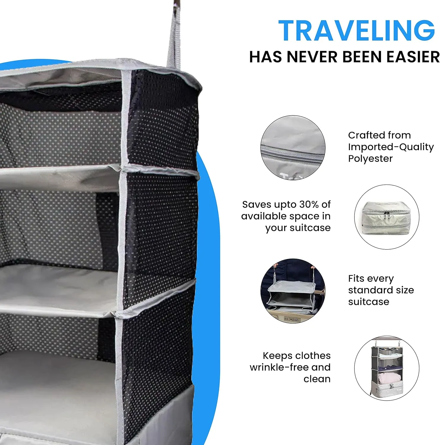 Stow-N-Go Portable Hanging Travel Shelves, Packing Organizer for Luggage. Carry on Closet with Hanger for Clothes. Expandable Packing Cube. Travel Essentials, Light Gray - L