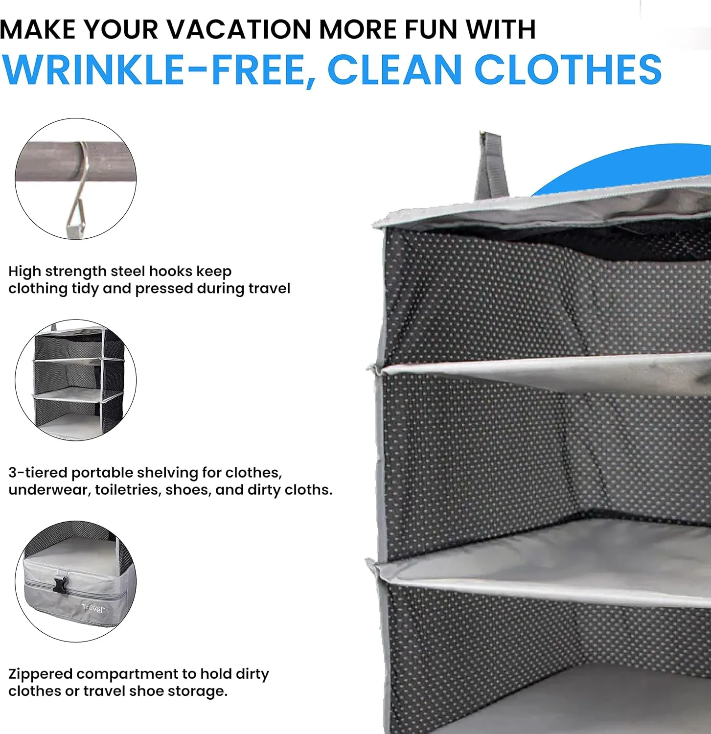 Stow-N-Go Portable Hanging Travel Shelves, Packing Organizer for Luggage. Carry on Closet with Hanger for Clothes. Expandable Packing Cube. Travel Essentials, Light Gray - L