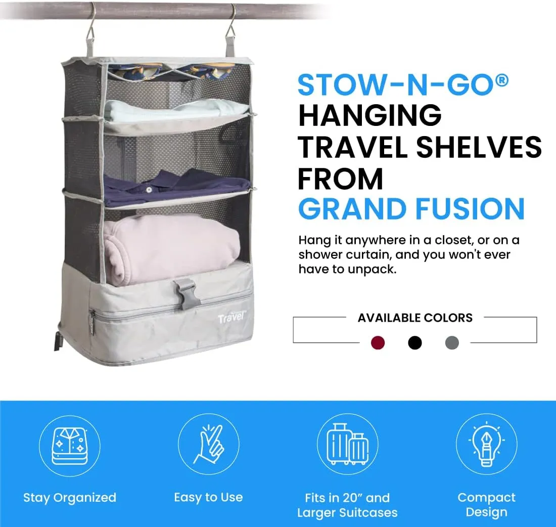 Stow-N-Go Portable Hanging Travel Shelves, Packing Organizer for Luggage. Carry on Closet with Hanger for Clothes. Expandable Packing Cube. Travel Essentials, Light Gray - L