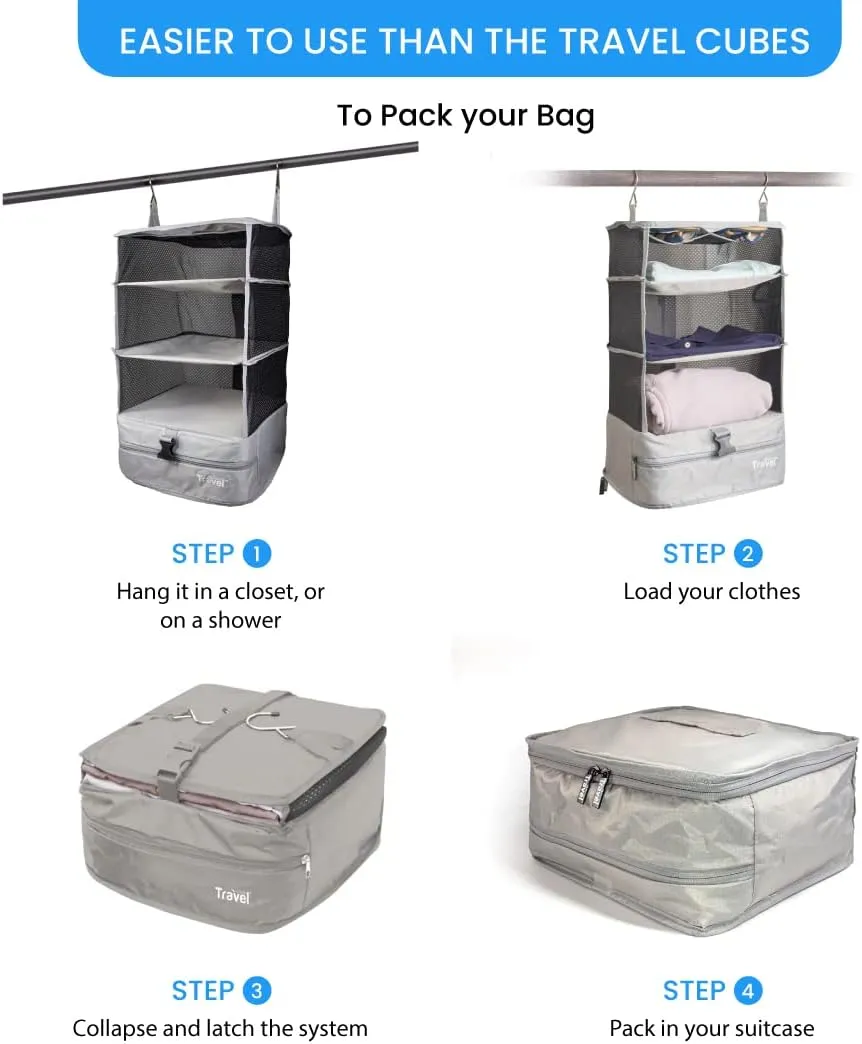 Stow-N-Go Portable Hanging Travel Shelves, Packing Organizer for Luggage. Carry on Closet with Hanger for Clothes. Expandable Packing Cube. Travel Essentials, Light Gray - L