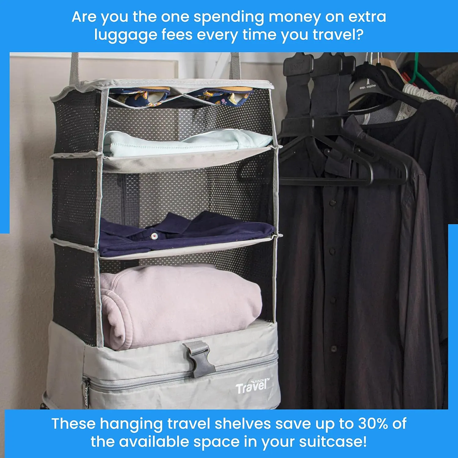 Stow-N-Go Portable Hanging Travel Shelves, Packing Organizer for Luggage. Carry on Closet with Hanger for Clothes. Expandable Packing Cube. Travel Essentials, Light Gray - L