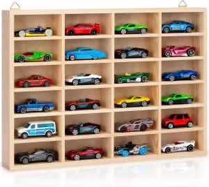 Stylish Wood Toy Cars Display Case, Wall-Mountable Organizer for Toy Cars and Matchbox Cars, Includes Hanging Screws (Wood-24 Slots)