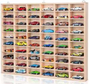 Stylish Wood Toy Cars Display Case with Removable Shelves, Wall-Mountable Organizer for Matchbox Cars, Includes Hanging Screws (60 Slots)