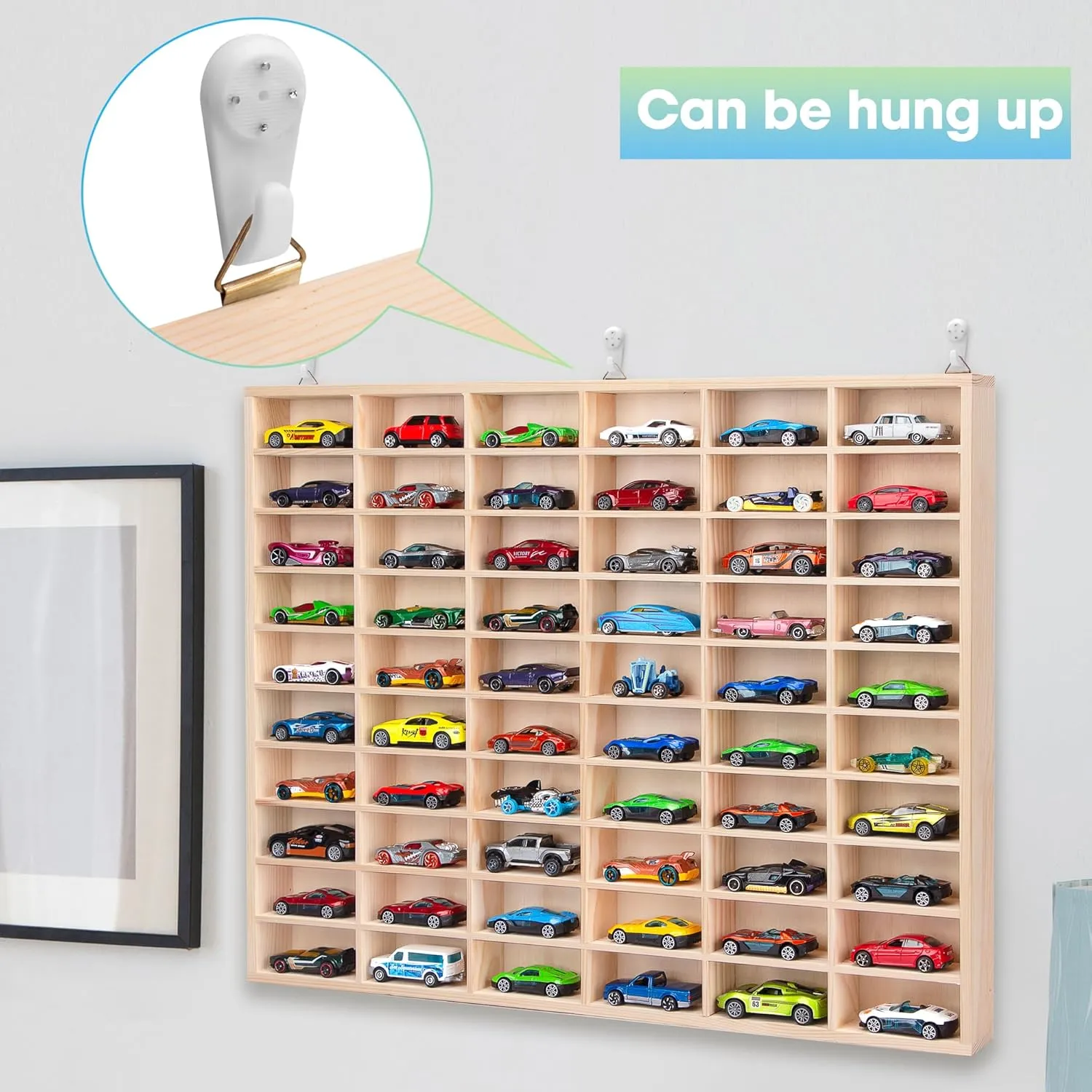 Stylish Wood Toy Cars Display Case with Removable Shelves, Wall-Mountable Organizer for Matchbox Cars, Includes Hanging Screws (60 Slots)