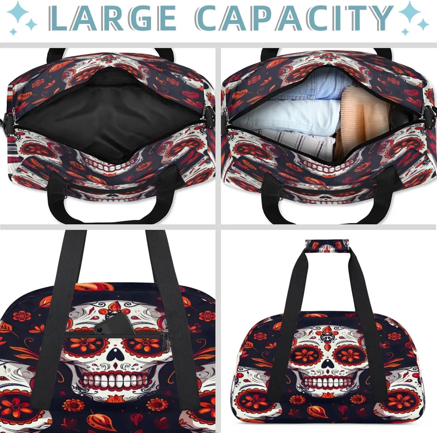 Sugar Skull Mexican Floral Skeleton Small Gym Bag 18 inch Carry On Duffel Bag for Weekender Travel Sports Workout Yoga Gymnastics Dance Ballet