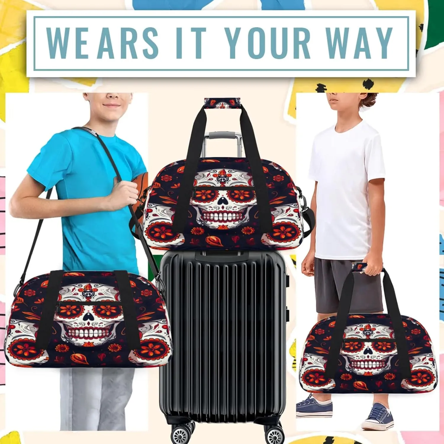 Sugar Skull Mexican Floral Skeleton Small Gym Bag 18 inch Carry On Duffel Bag for Weekender Travel Sports Workout Yoga Gymnastics Dance Ballet