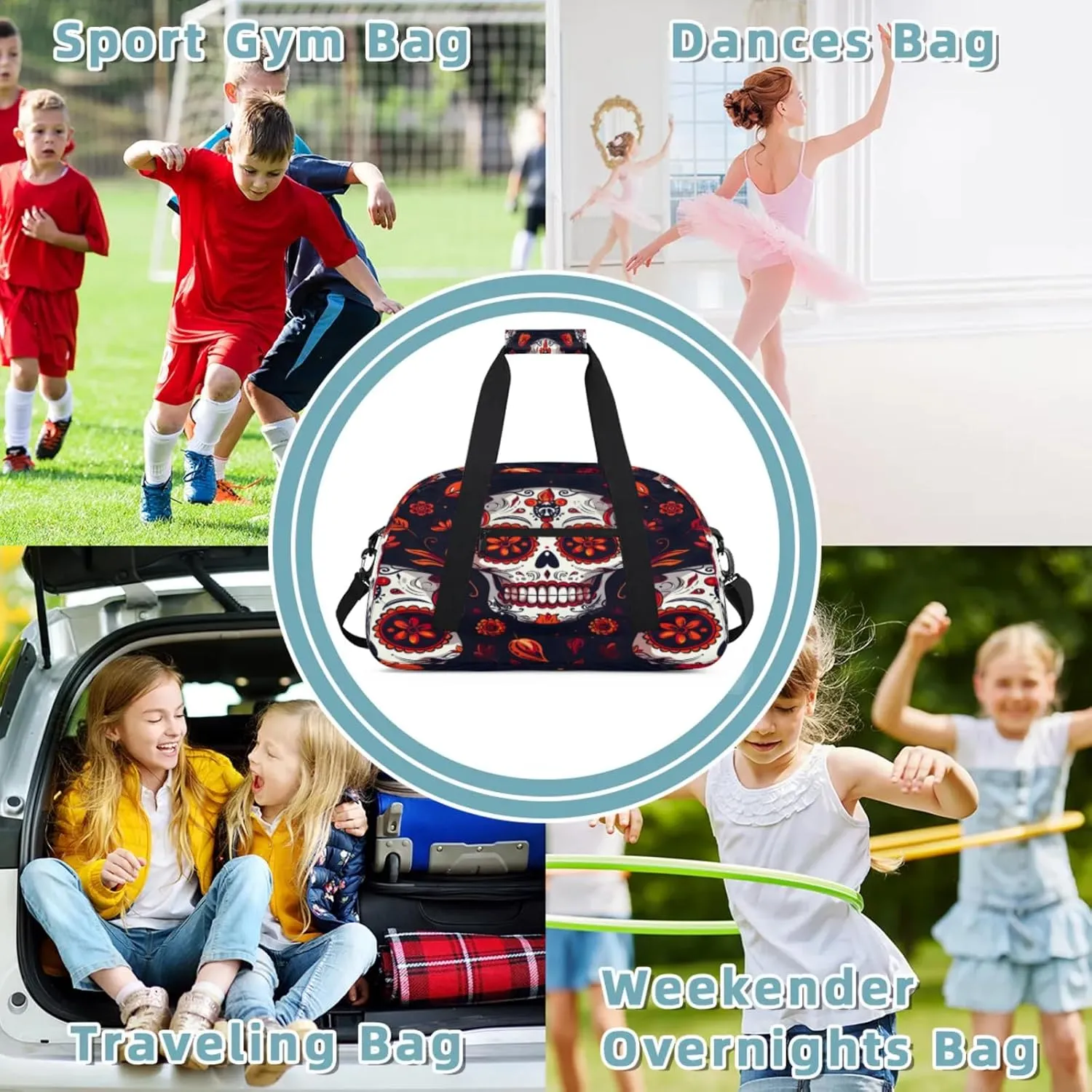 Sugar Skull Mexican Floral Skeleton Small Gym Bag 18 inch Carry On Duffel Bag for Weekender Travel Sports Workout Yoga Gymnastics Dance Ballet