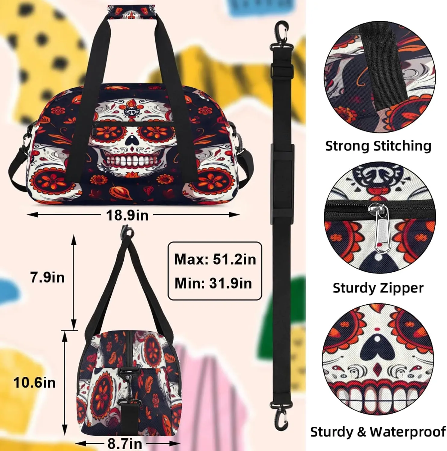 Sugar Skull Mexican Floral Skeleton Small Gym Bag 18 inch Carry On Duffel Bag for Weekender Travel Sports Workout Yoga Gymnastics Dance Ballet