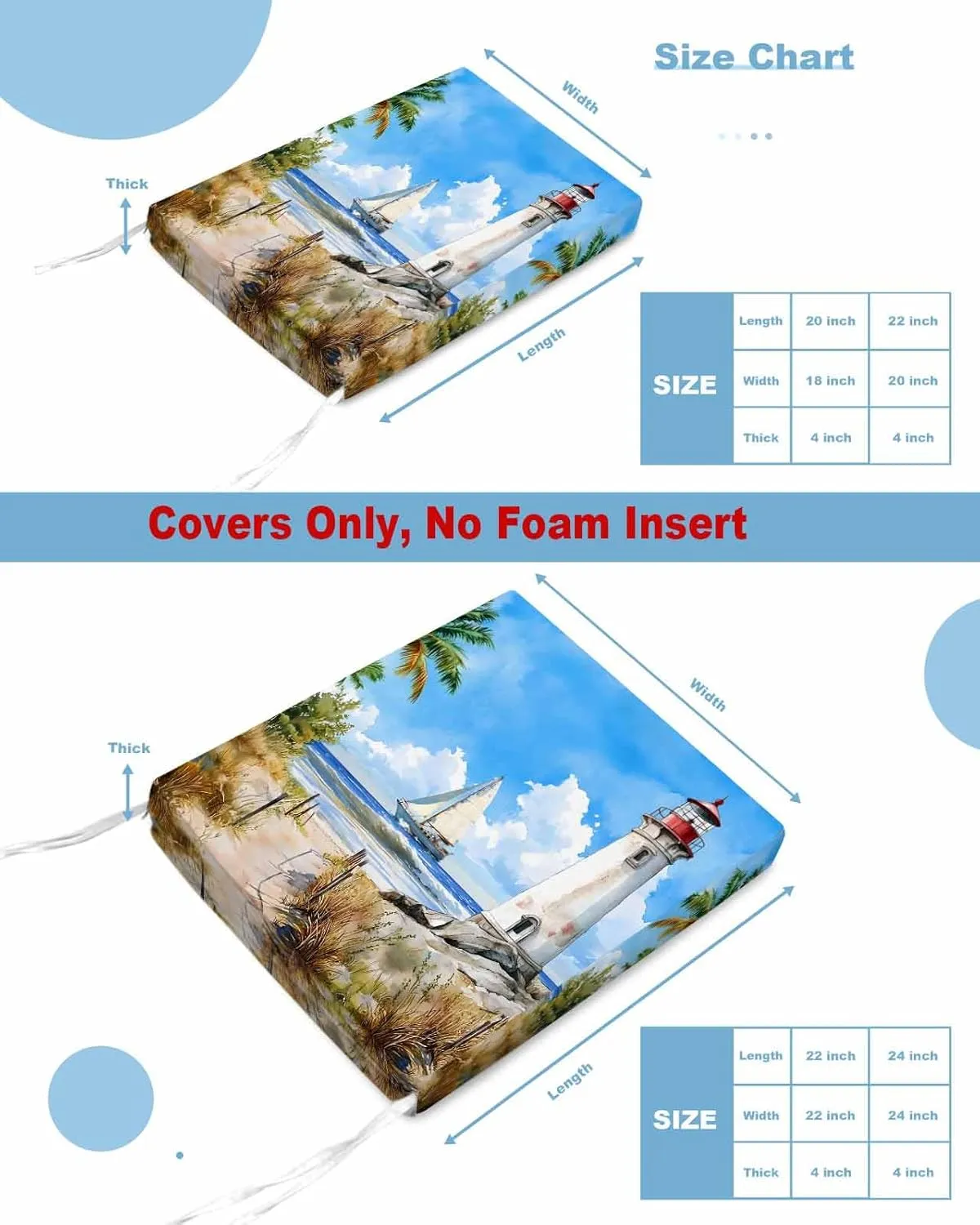 Summer Beach Outdoor Cushion Chair Cover Set of 2 - Waterproof Couch Seat Covers, Retro Lighthouse Sailing Nautical Patio Furniture Protector Cushions Slipcovers for Sofa/RV, 22"x20"x4"