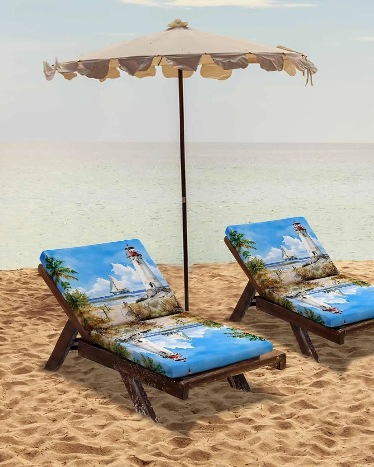 Summer Beach Outdoor Cushion Chair Cover Set of 2 - Waterproof Couch Seat Covers, Retro Lighthouse Sailing Nautical Patio Furniture Protector Cushions Slipcovers for Sofa/RV, 22"x20"x4"