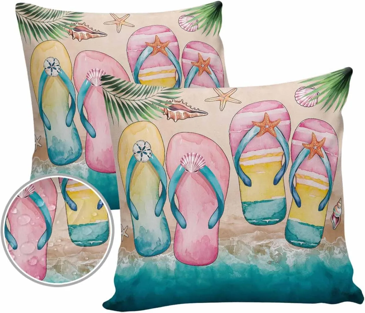 Summer Outdoor Waterproof Pillow Covers Pack of 2, Pink Yellow Green Slippers Beach Shells Palm Leaf Decorative Throw Pillowcases Polyester Cushion Covers for Garden Patio Tent Sofa Couch, 16x16 inch